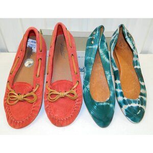Lucky Brand Size 7 Lot Of 2 Pairs Suede Abelle Moccasin Loafers, Peace Tie Dye